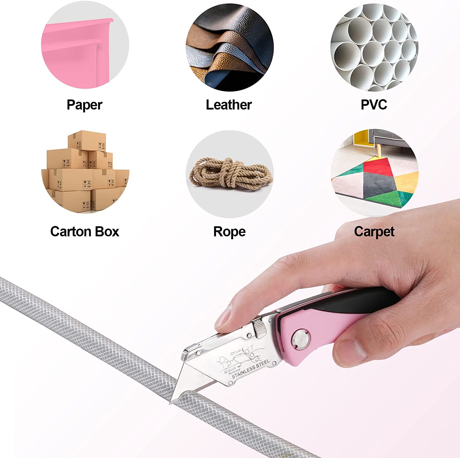 Pink folding utility knife cutting different materials such as carpet and rope