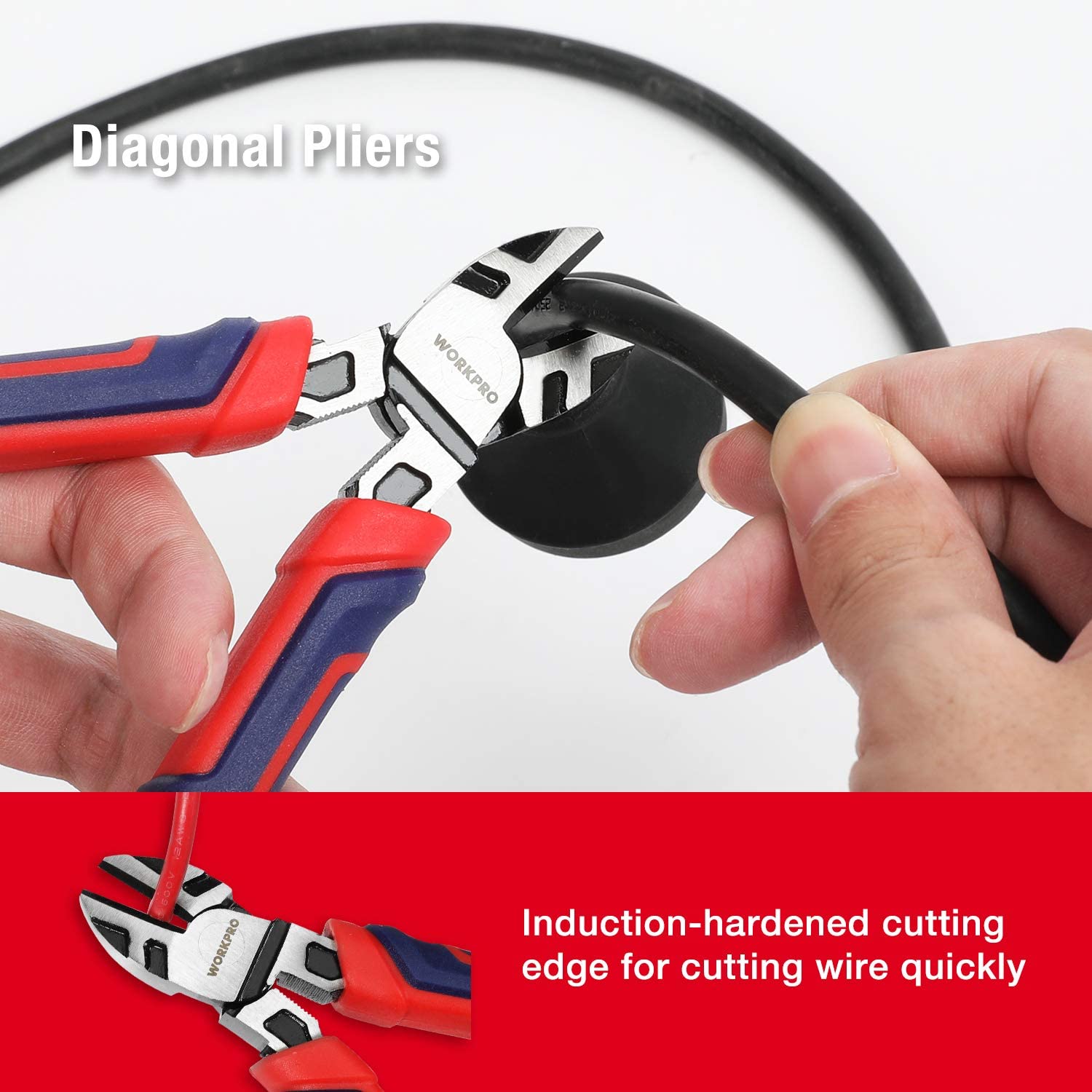 Diagonal cutting pliers with red and blue grips, cutting edge near a black cable