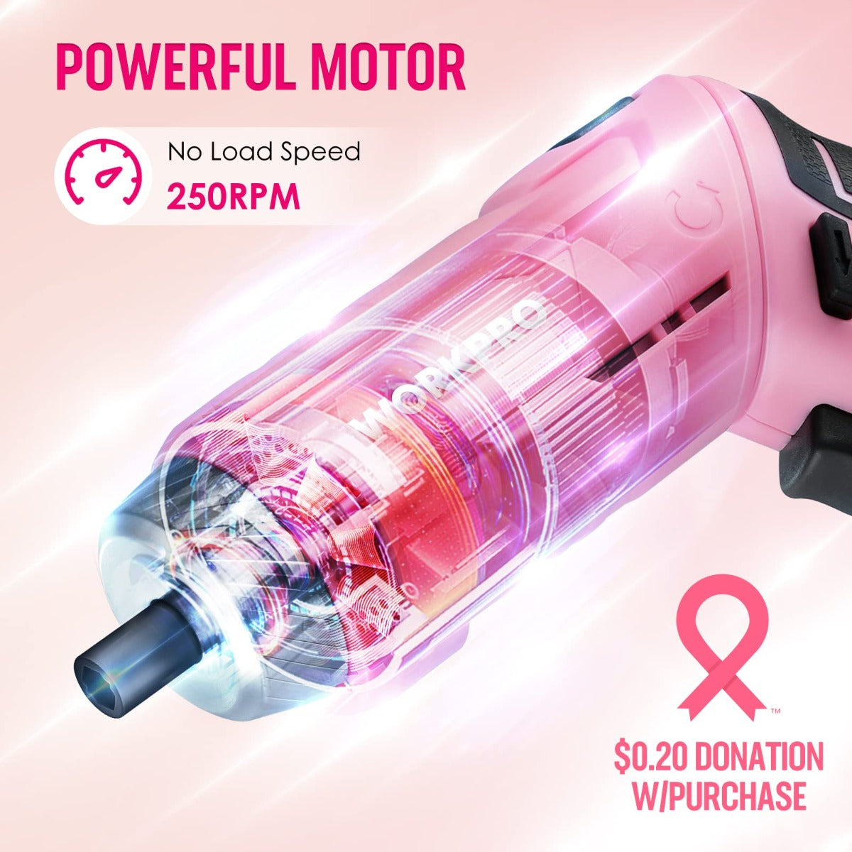 Pink cordless screwdriver tool with visible motor-style drill tip and grip