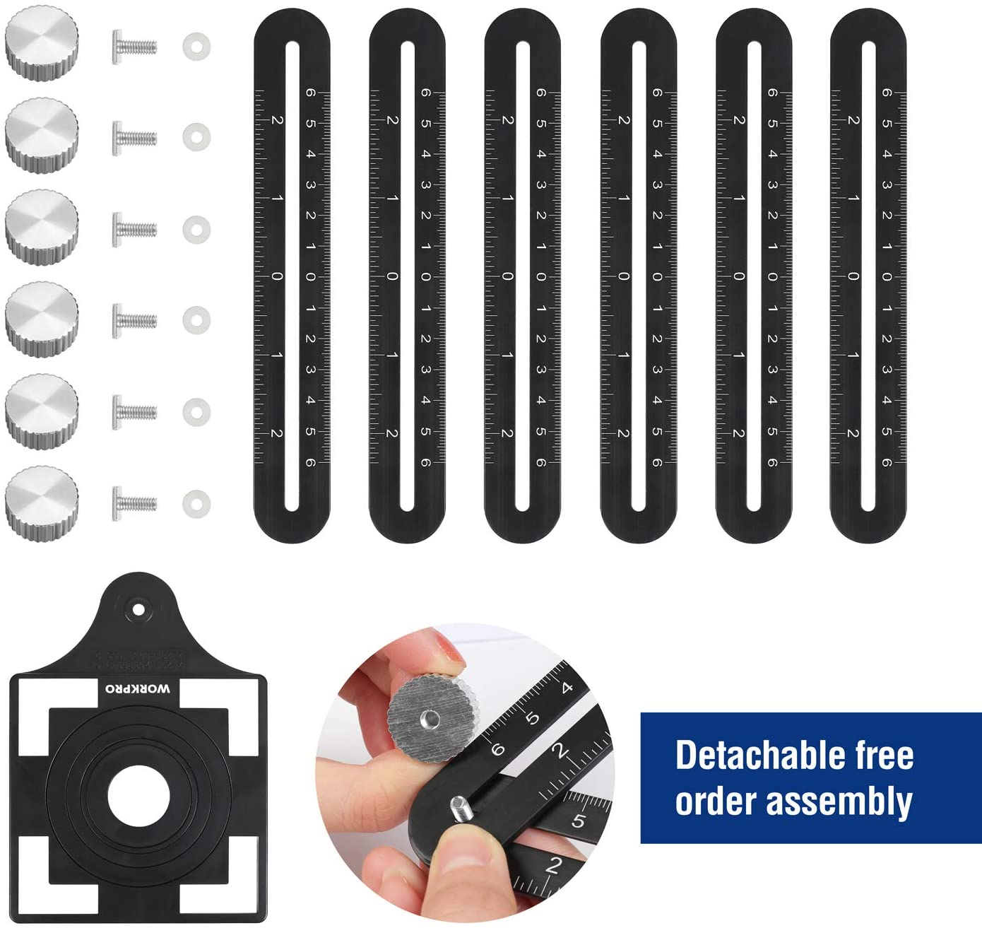 Six-sided angle measuring ruler kit with detachable order assembly pieces