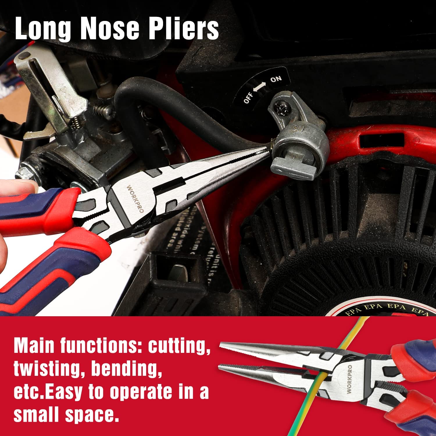 Long-nose pliers with silver jaws and red-blue handle beside tools in a toolbox