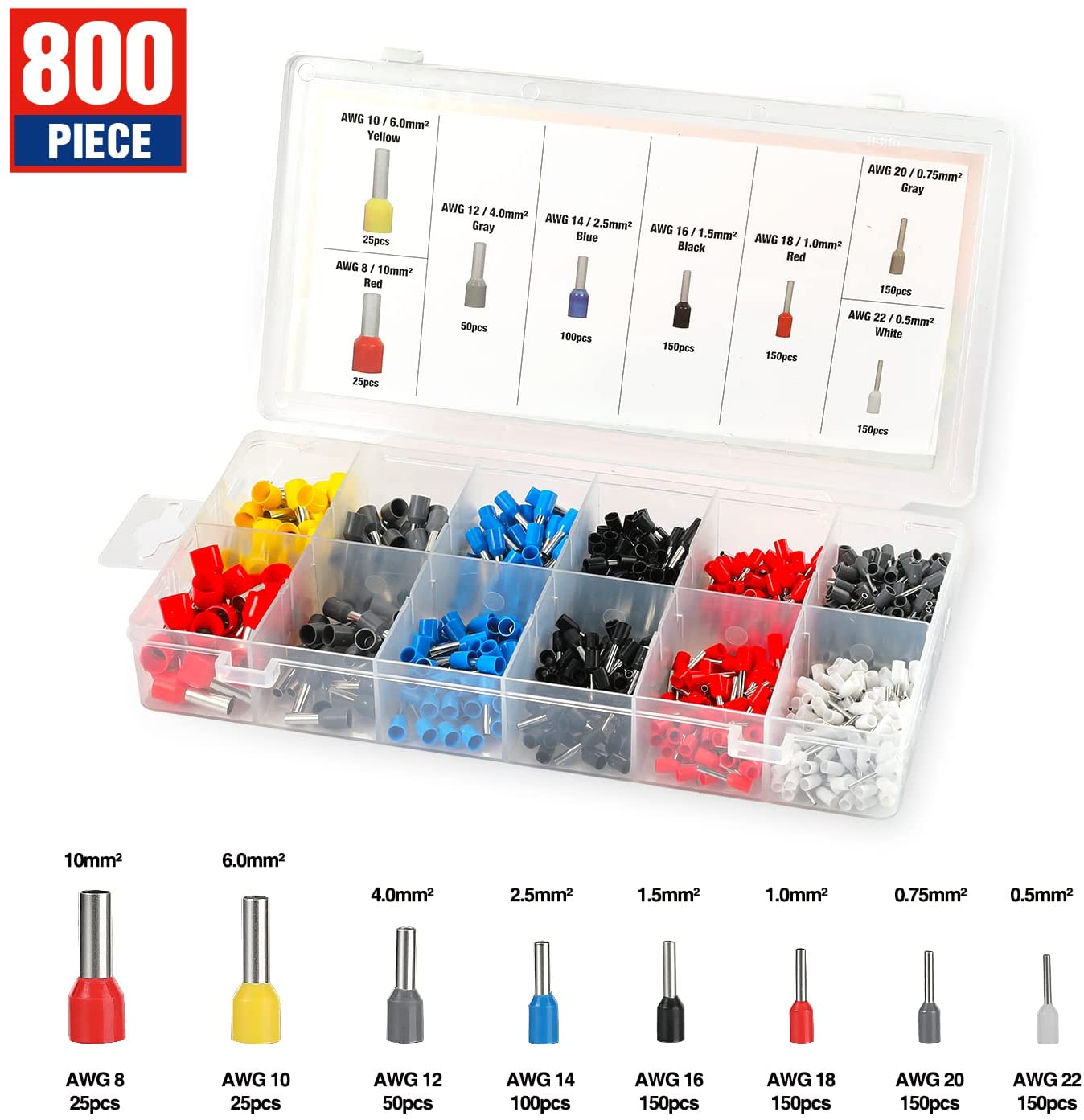 Crimp ferrule assortments set in clear organizer box, multiple AWG sizes