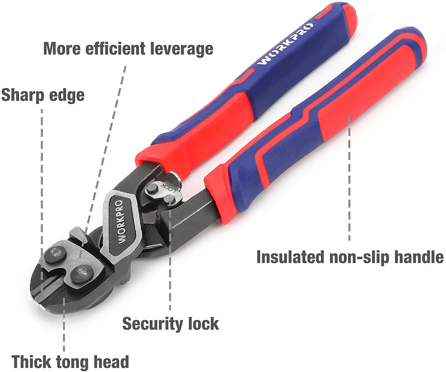 Mini bolt cutter with insulated non-slip handle, black cutting head and red-blue grips
