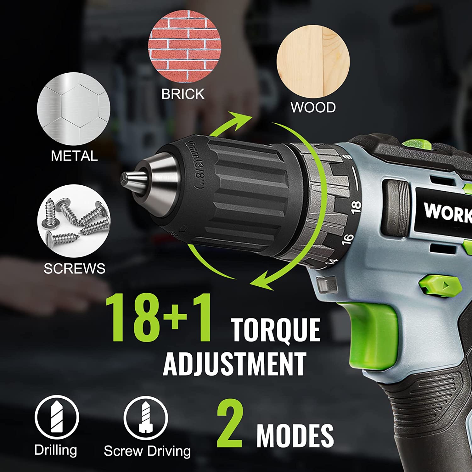 Cordless drill driver with green grip, black chuck, and 18+1 torque adjustment