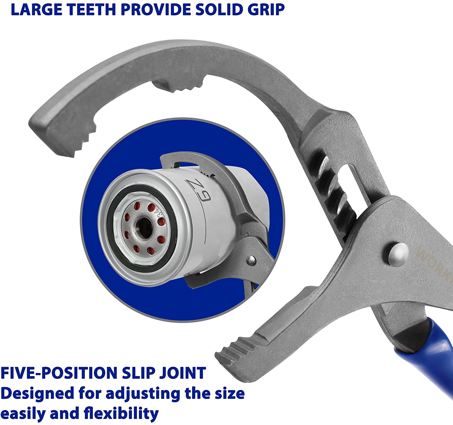 Oil filter wrench pliers set with serrated jaws and adjustable five-position slip joint