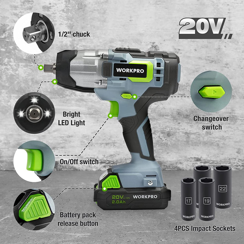 WORKPRO 20V Cordless Impact Wrench, 1/2-inch, 320 Ft Pounds Max Torque 2.0Ah Li-ion Battery with Fast Charger, Belt Clip for Easy Carrying