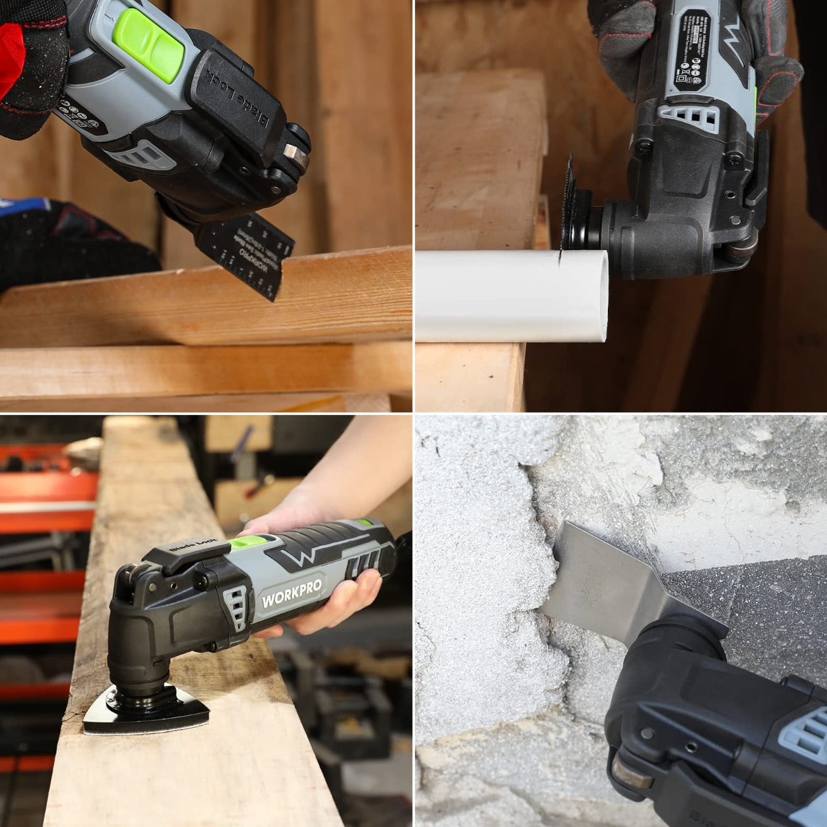 Corded oscillating multi-tool in use cutting wood and scraping wall surface