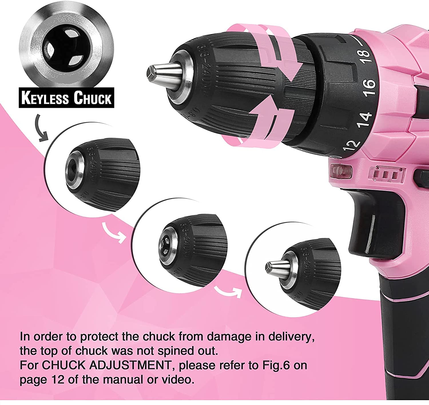 WORKPRO cordless drill driver set in pink with keyless chuck for secure, durable, convenient use