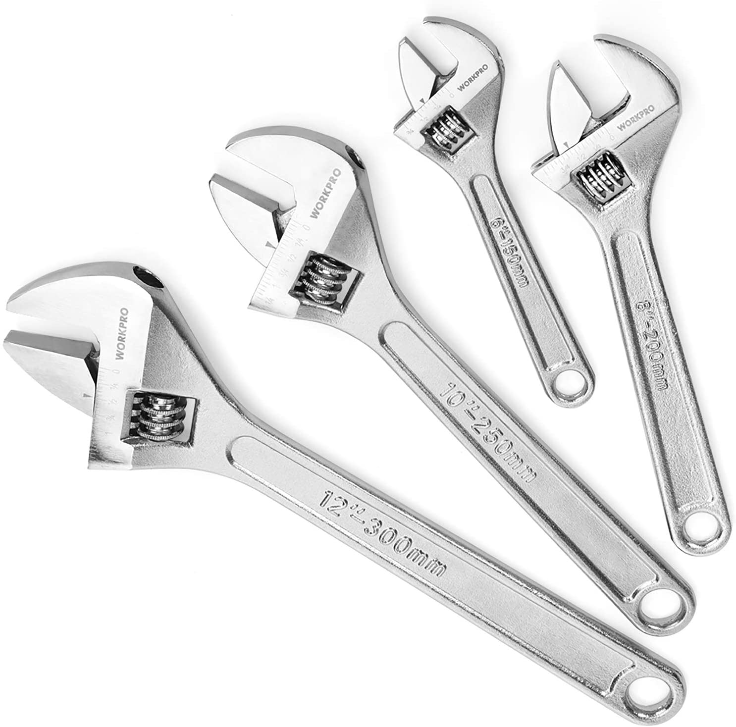 WORKPRO 4 Pcs Adjustable Wrench forged heat-treated alloy steel set in chrome, durable and secure grip