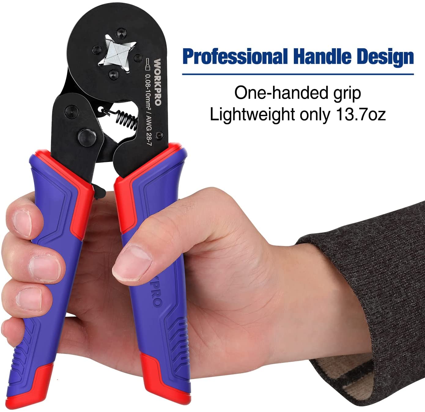 Handheld wire crimping tool with one-handed grip, blue and red ergonomic handles