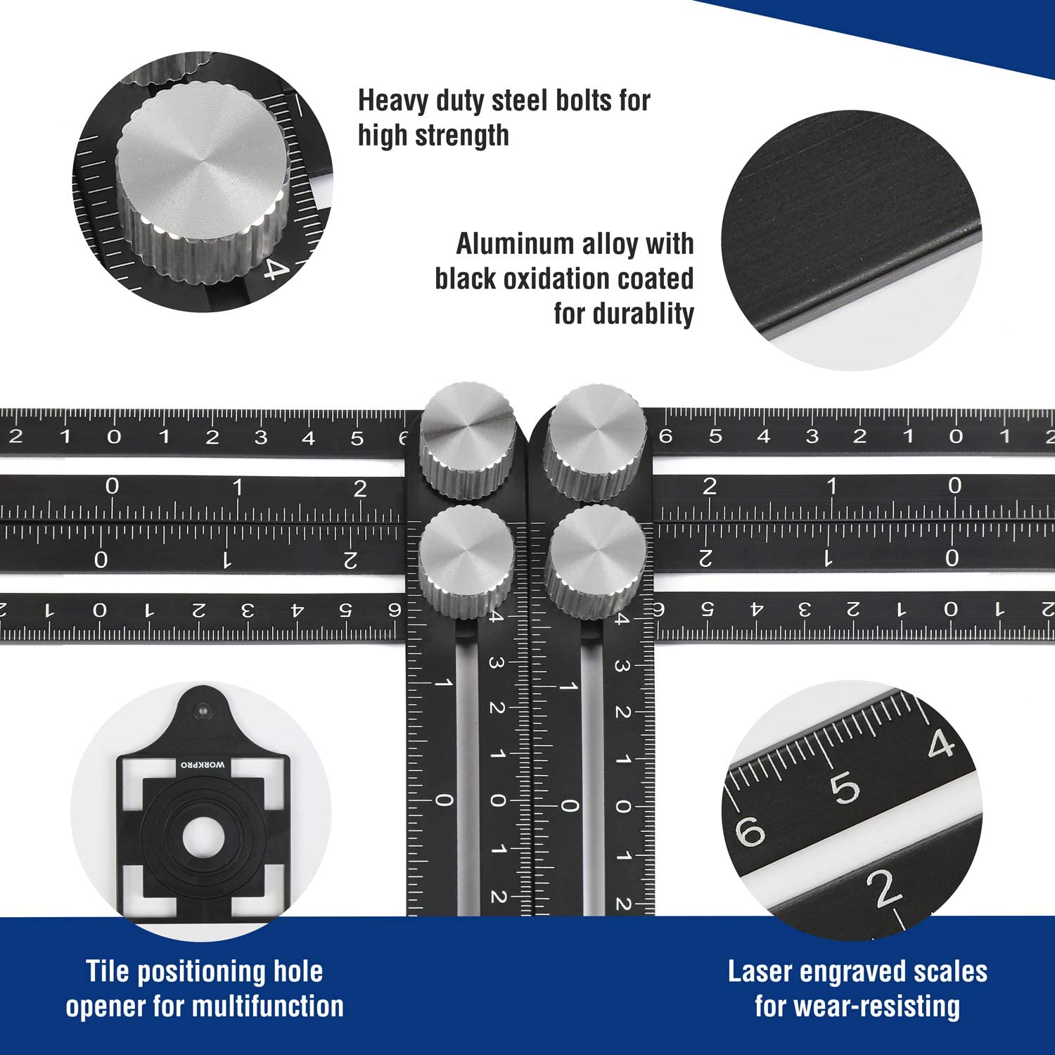 Angle measuring tool set with steel bolts and black-coated aluminum arms