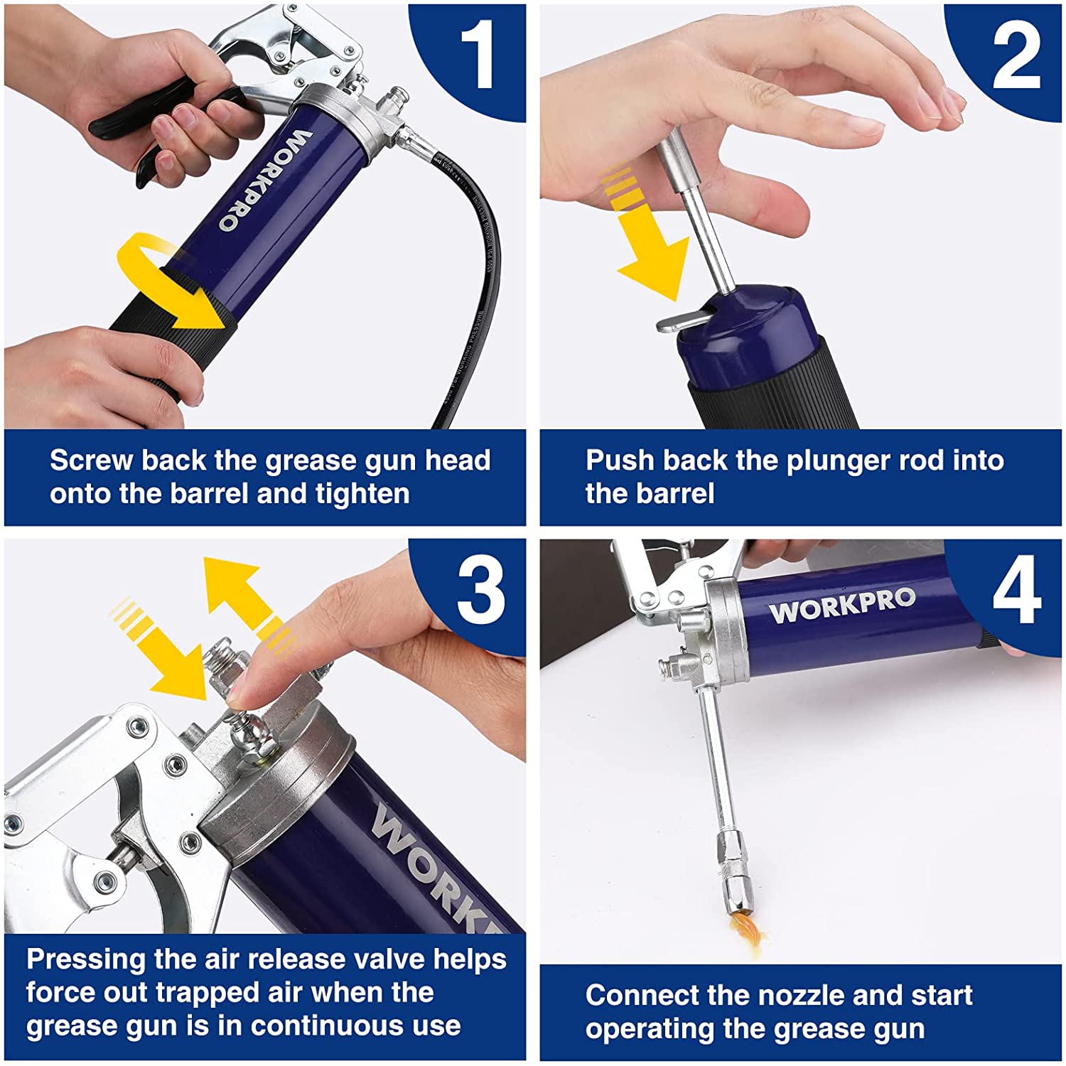 WORKPRO grease gun assembly shown: secure head, push plunger rod, and connect nozzle