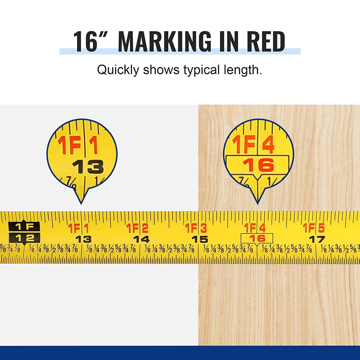 WORKPRO tape measure with red 16-inch marking on yellow blade