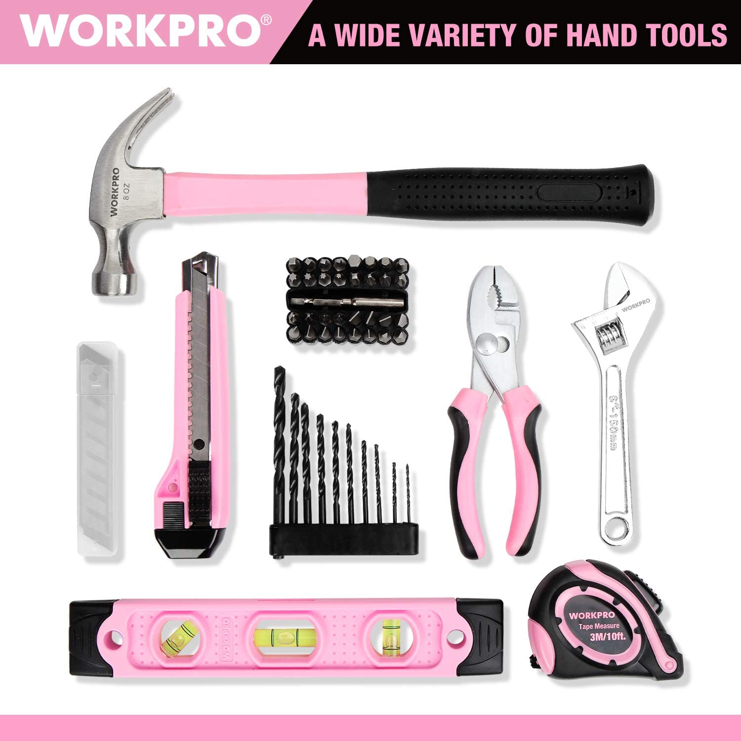 Pink and black hand tool kit with hammer, multiple drill bits, pliers, and adjustable wrench