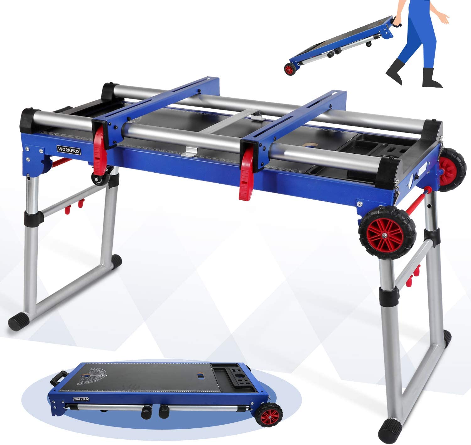 Blue portable miter saw stand workbench with adjustable legs and red wheel casters