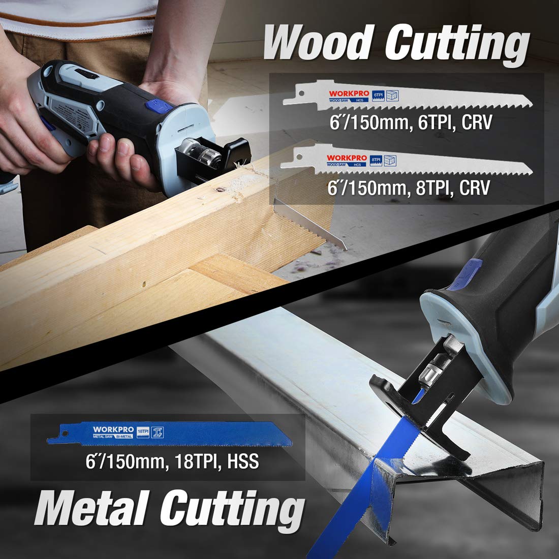 WORKPRO 12V cordless reciprocating saw cutting wood and metal with blades