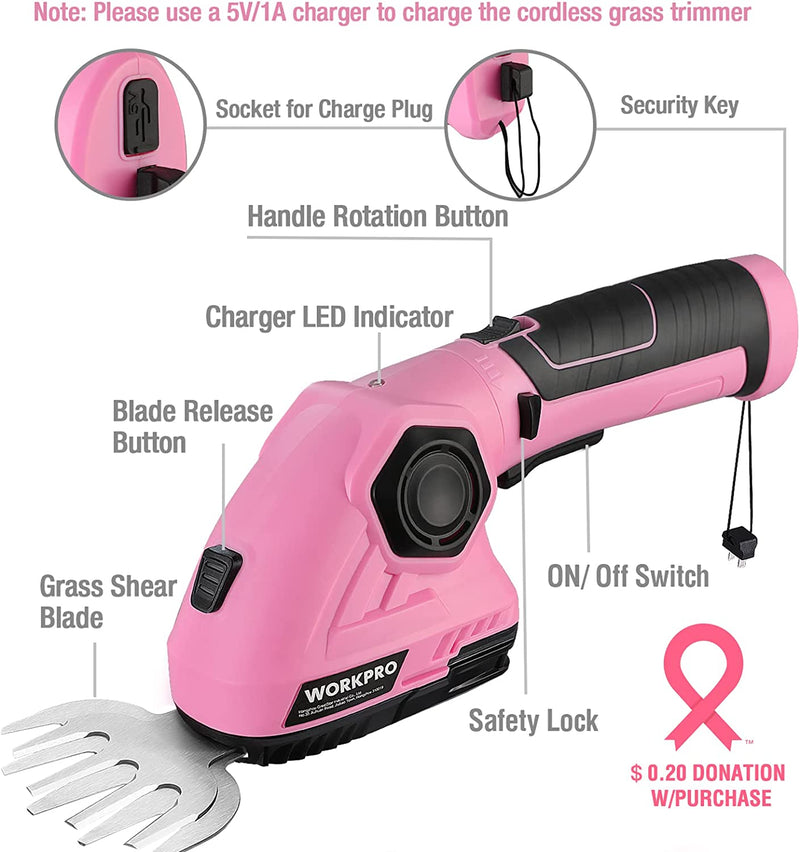 WORKPRO Pink 2 in 1 Handheld Hedge Trimmer 7.2V Electric Grass Trimmer/Hedge Shears - Pink Ribbon