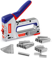 Heavy-duty staple gun with blue/red handle plus loose metal staples and brads
