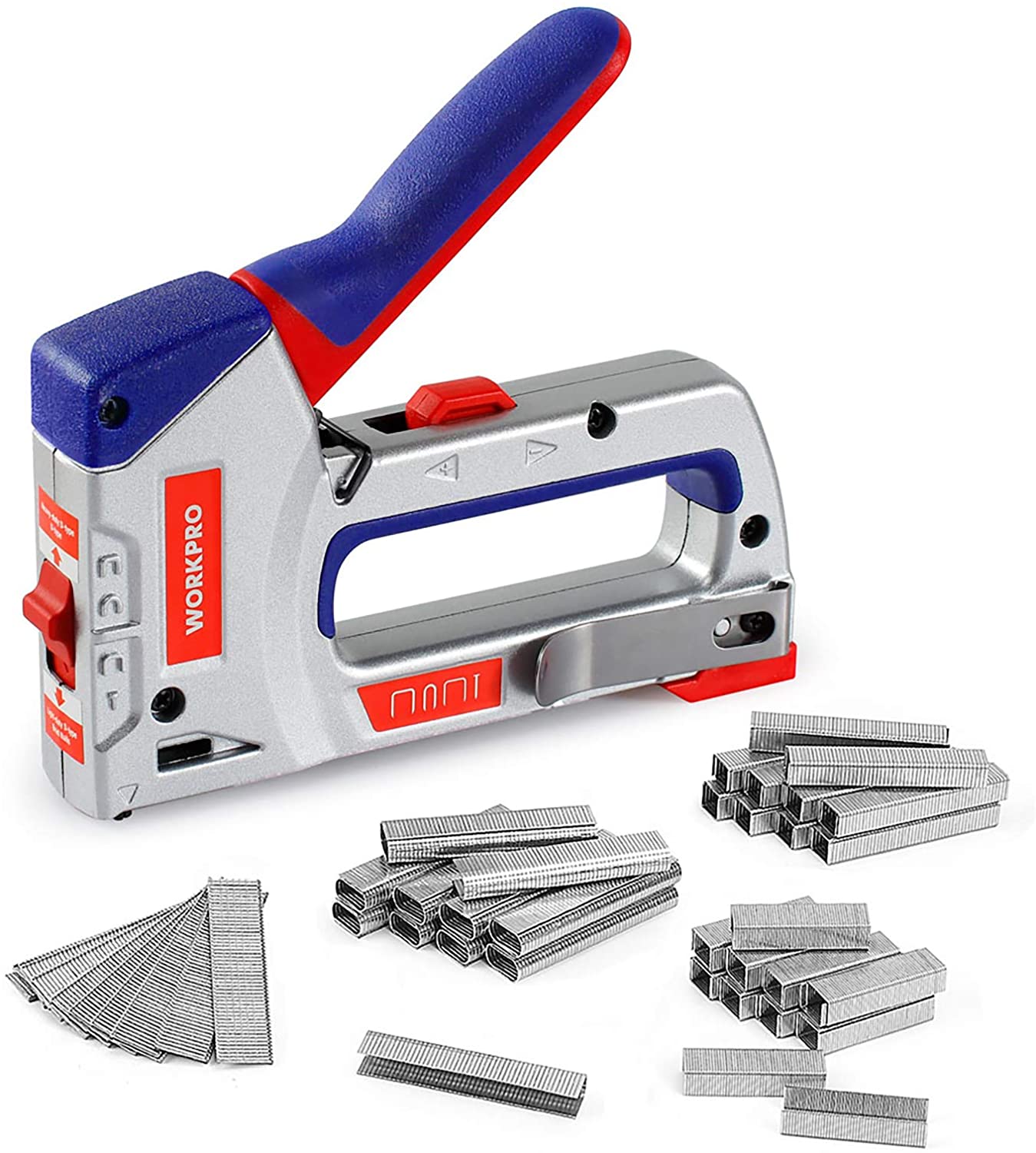 Heavy-duty staple gun with blue/red handle plus loose metal staples and brads