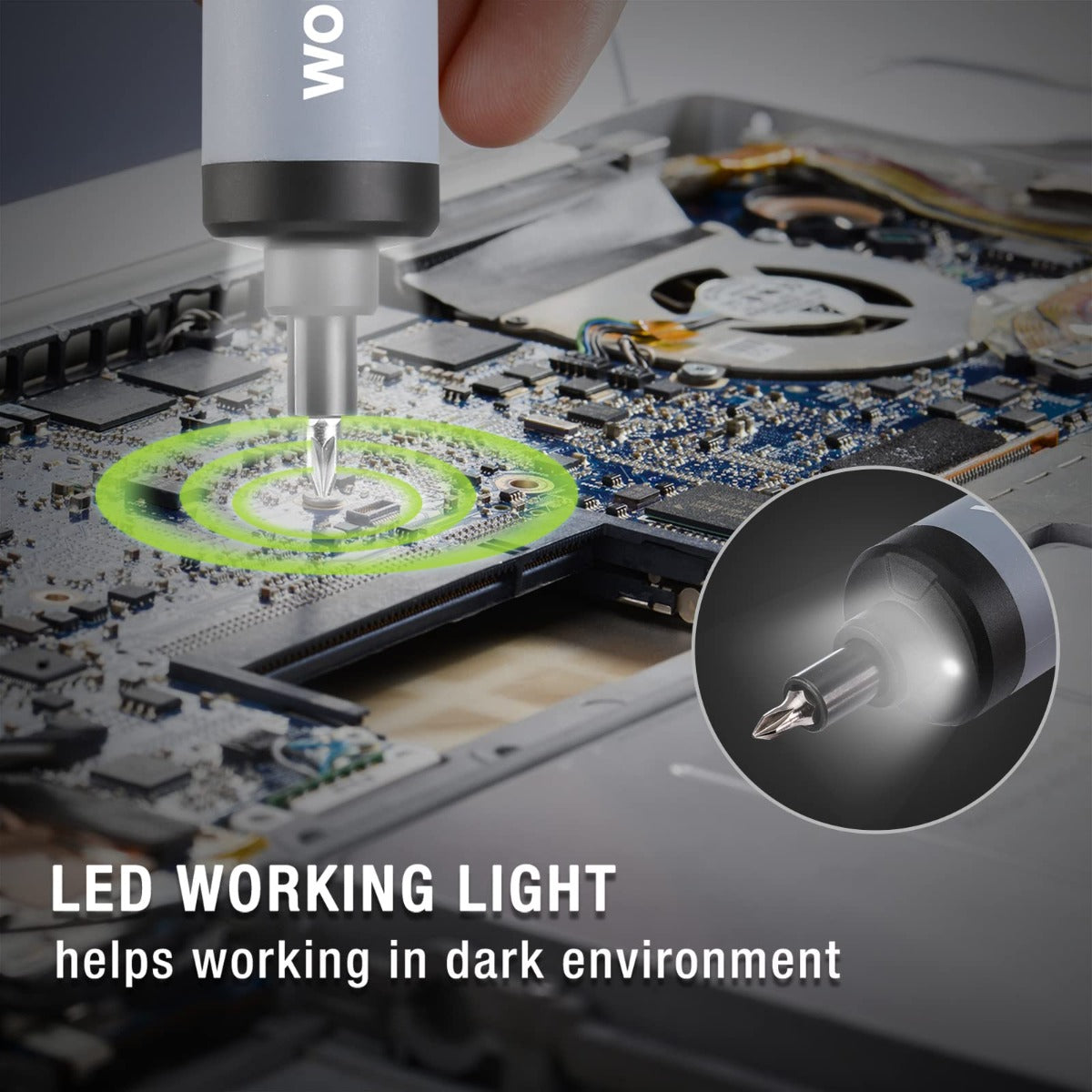 Rechargeable electric screwdriver using LED work light on a circuit board