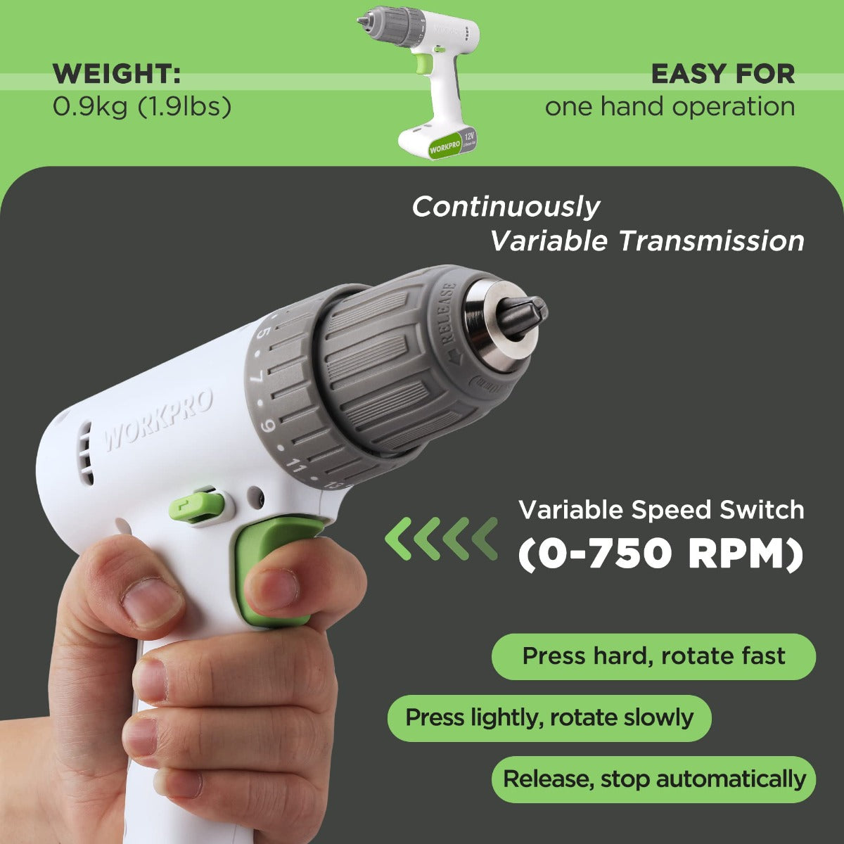 Pink cordless drill driver with variable speed switch and keyless chuck