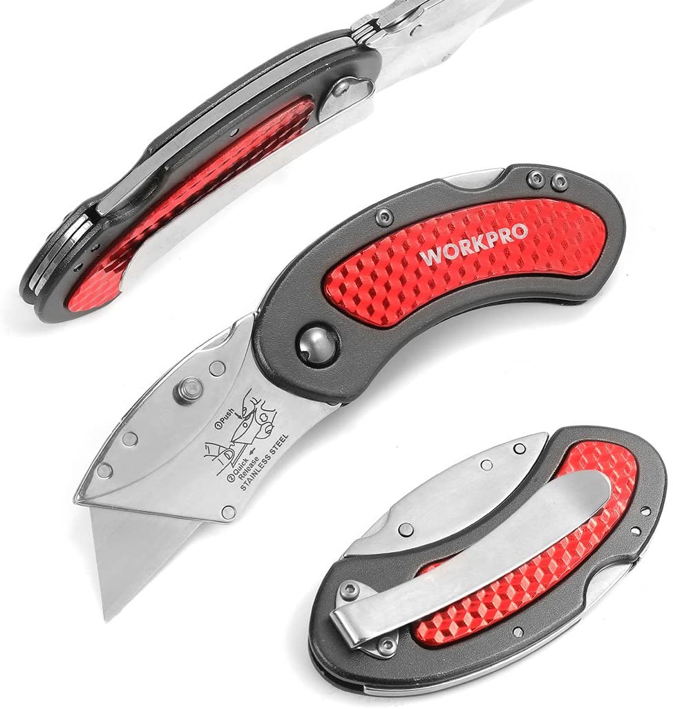 Folding utility knife set with red textured grips and large triangular snap blades