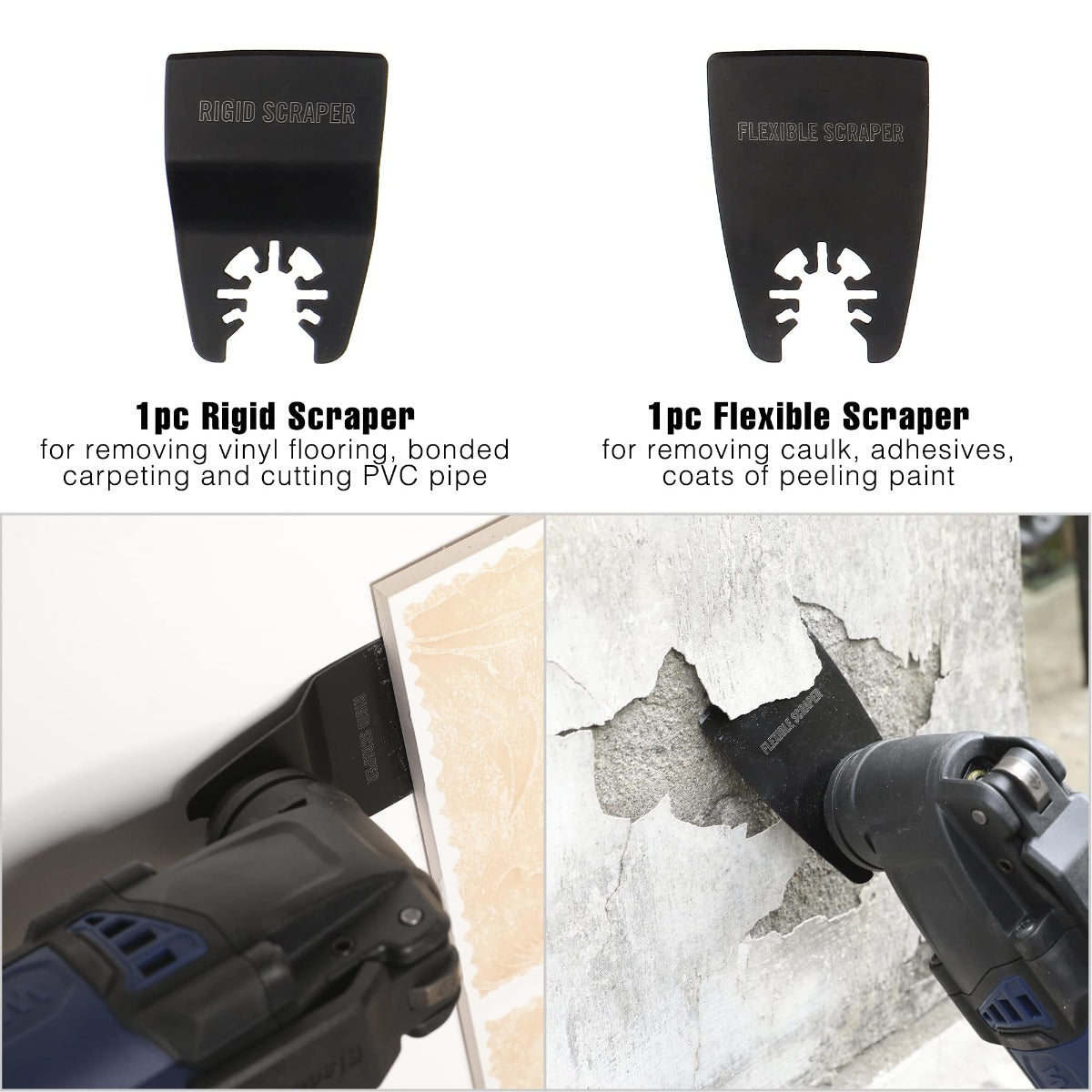 Black oscillating scraper blades: rigid scraper and flexible scraper with icons