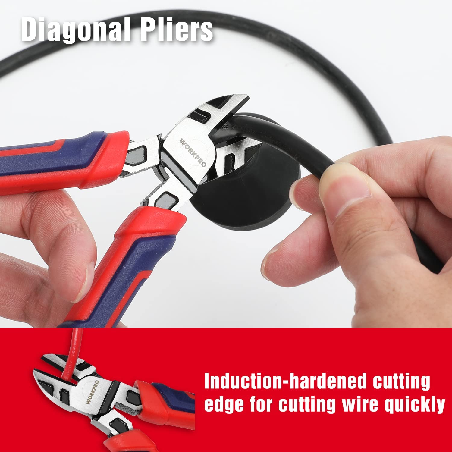 Diagonal pliers with red-and-blue handle holding a black wire; cutting jaws close-up