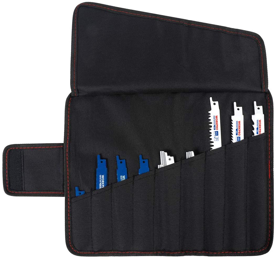 Black organizer pouch with red stitching, holding assorted reciprocating saw blades