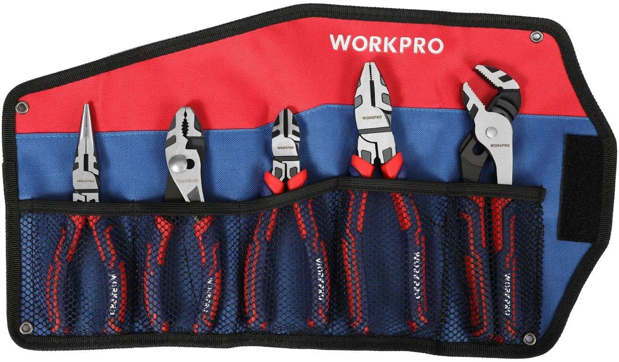 WORKPRO tool storage pouch with multiple pliers pockets, red exterior and blue interior