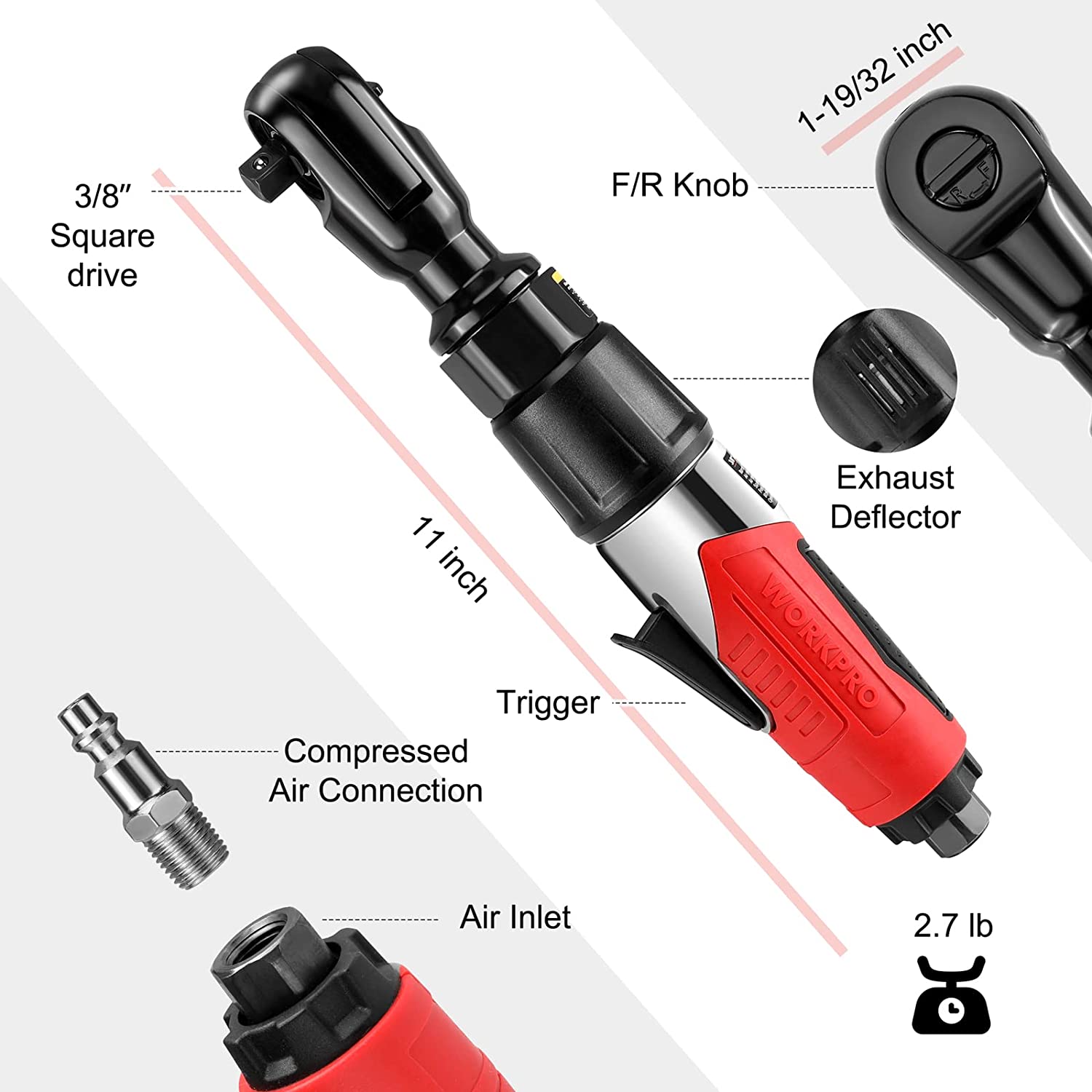 WORKPRO 3/8-inch pneumatic air ratchet wrench, black housing with red grip, square drive