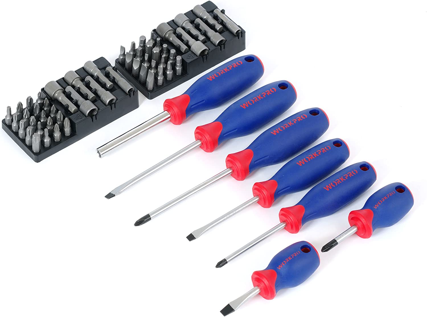 Home repair screwdriver bit set with chrome bits on black holder and blue grips