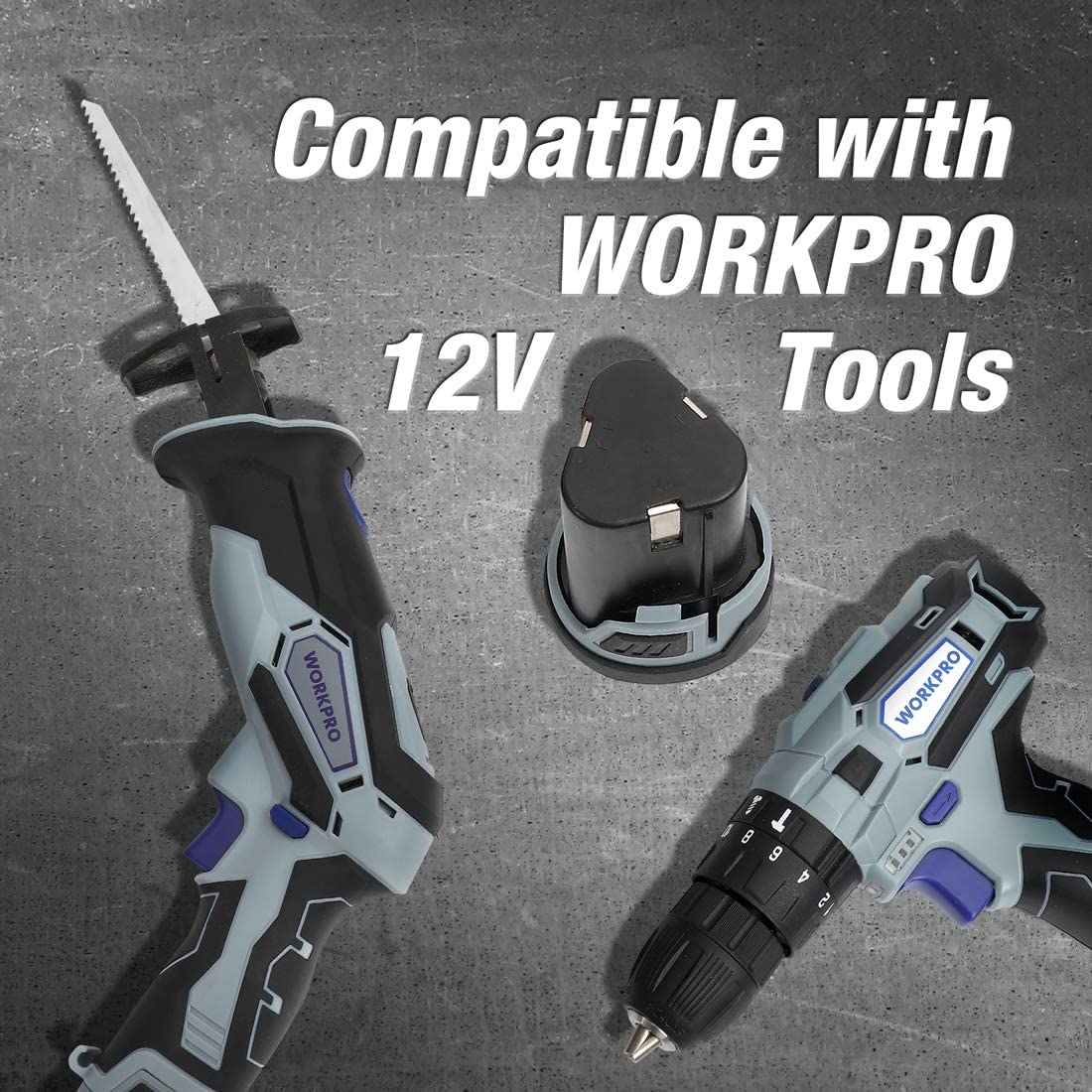 WORKPRO 12V lithium-ion battery pack with compatible tools, black and light gray