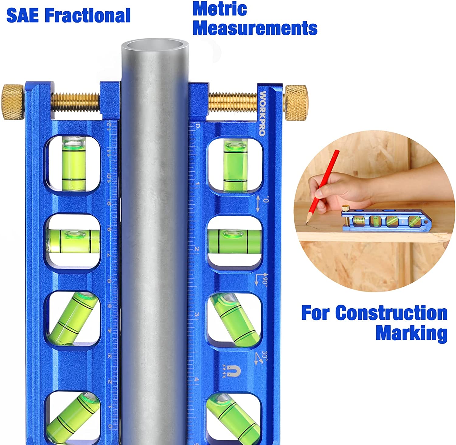 WORKPRO blue conduit bending level with central scale tube and green vials