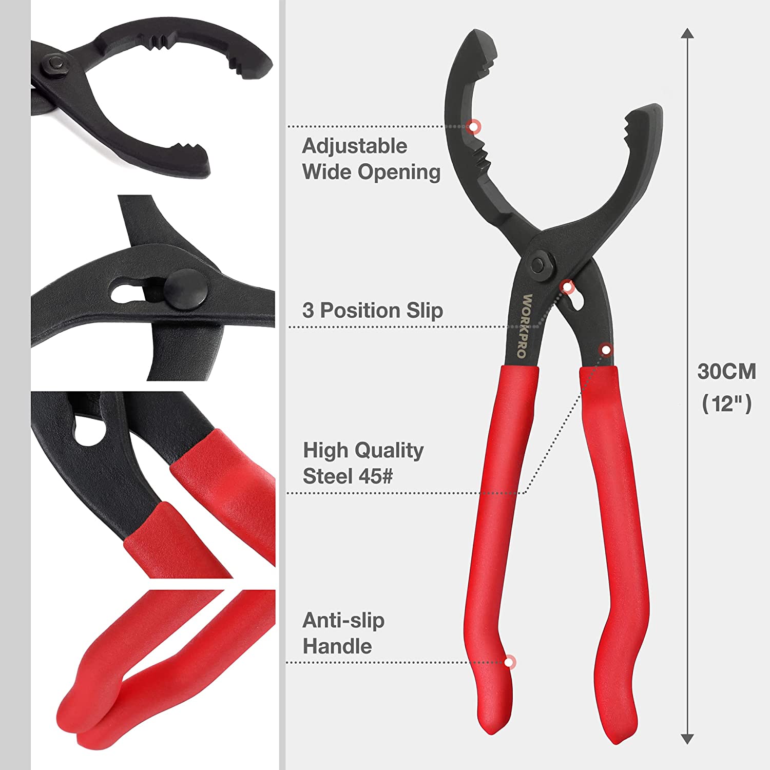 Oil filter pliers with red anti-slip handles and adjustable wide opening jaw