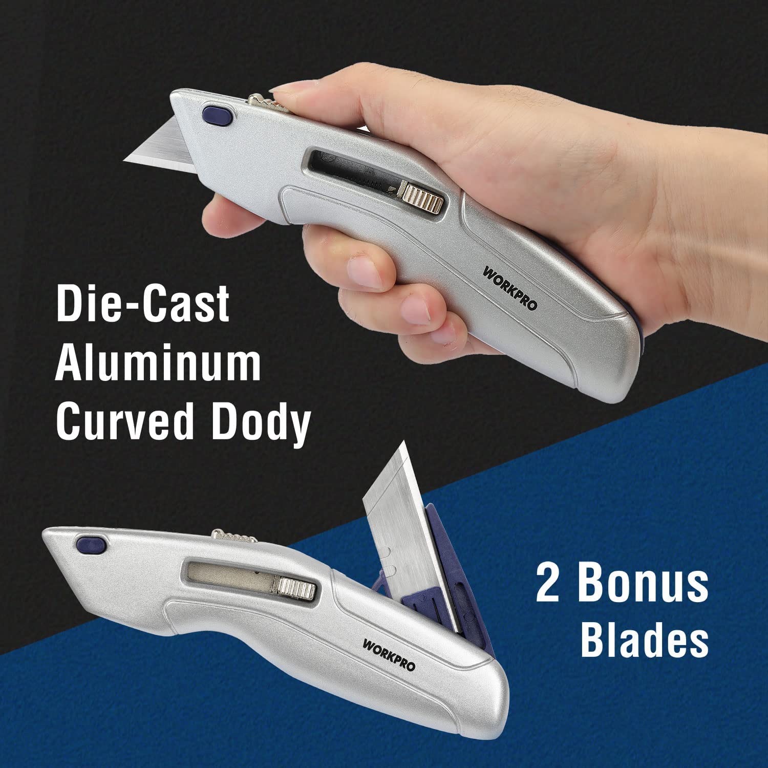 Retractable utility knife with silver body and blue thumb button, blade extended for cutting
