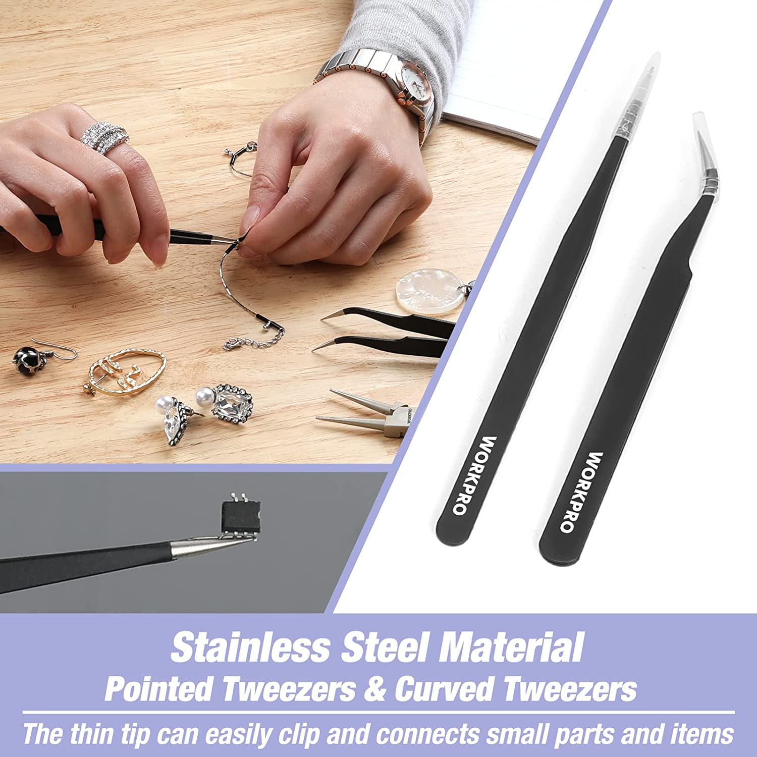 Pointed and curved tweezers for jewelry making with slim stainless tips
