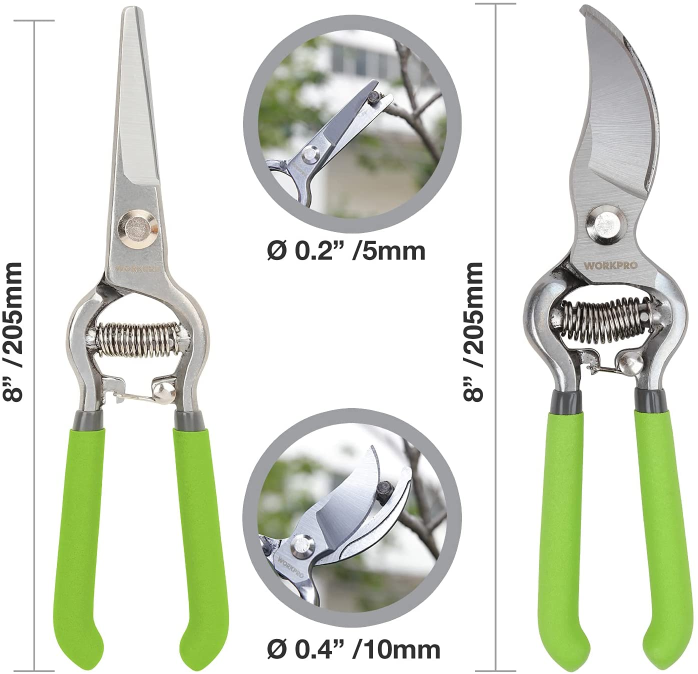 WORKPRO 2 Pcs pruning shears set with steel bypass blades, innovation and durable quality, green handles