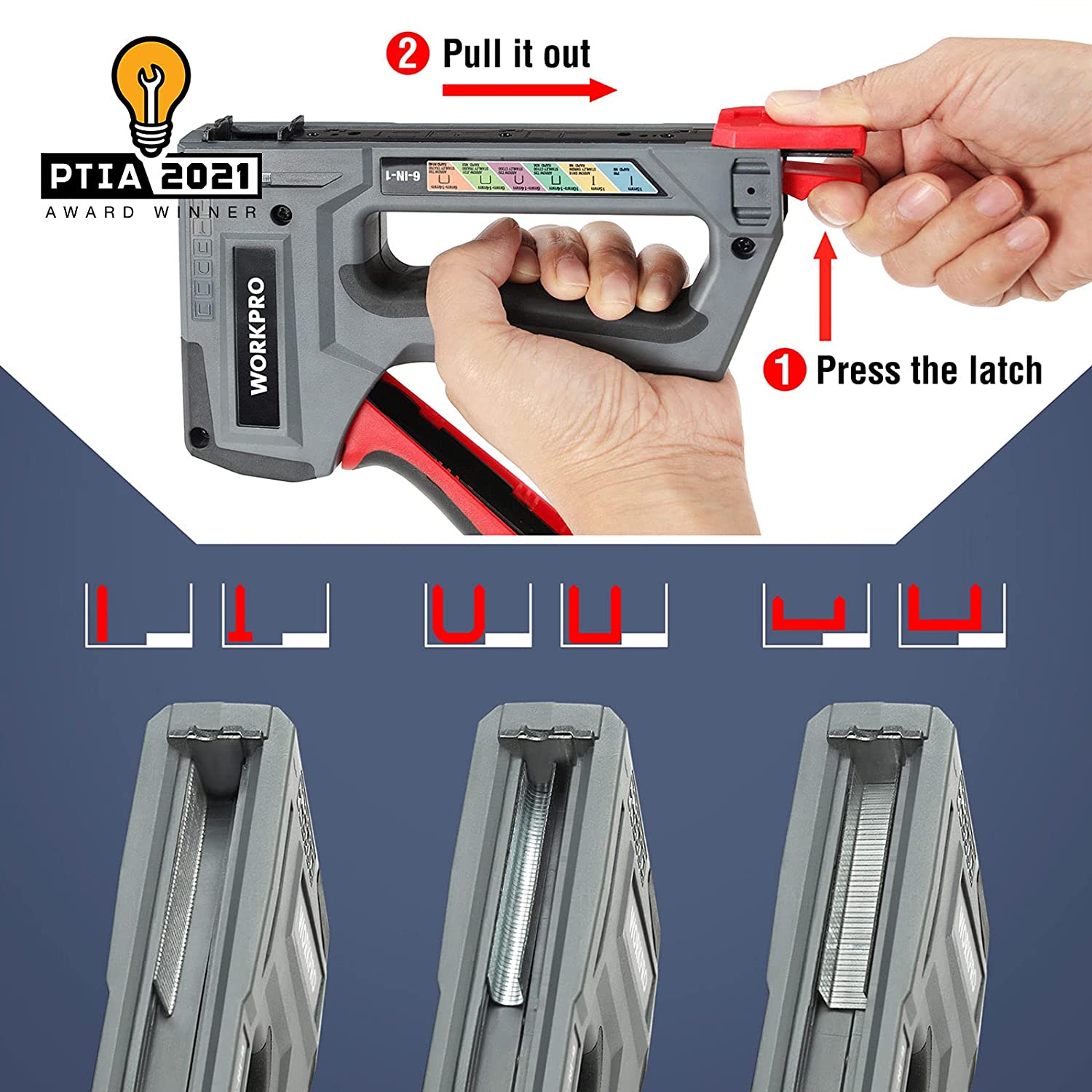 Manual brad nailer stapler with red trigger handle and metal latches on the front
