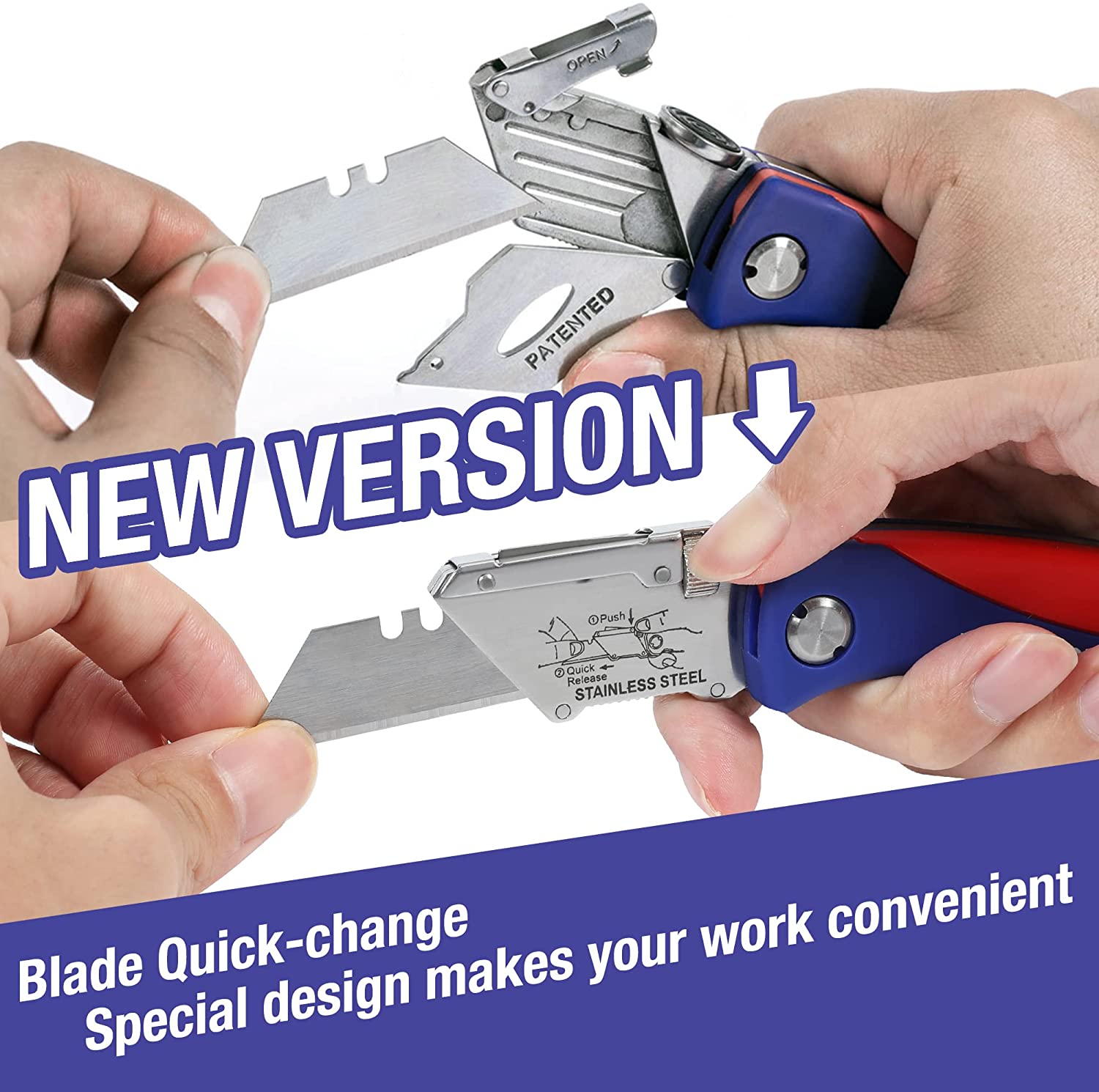 Folding utility knife with quick-change blade, blue/purple handle held in hands