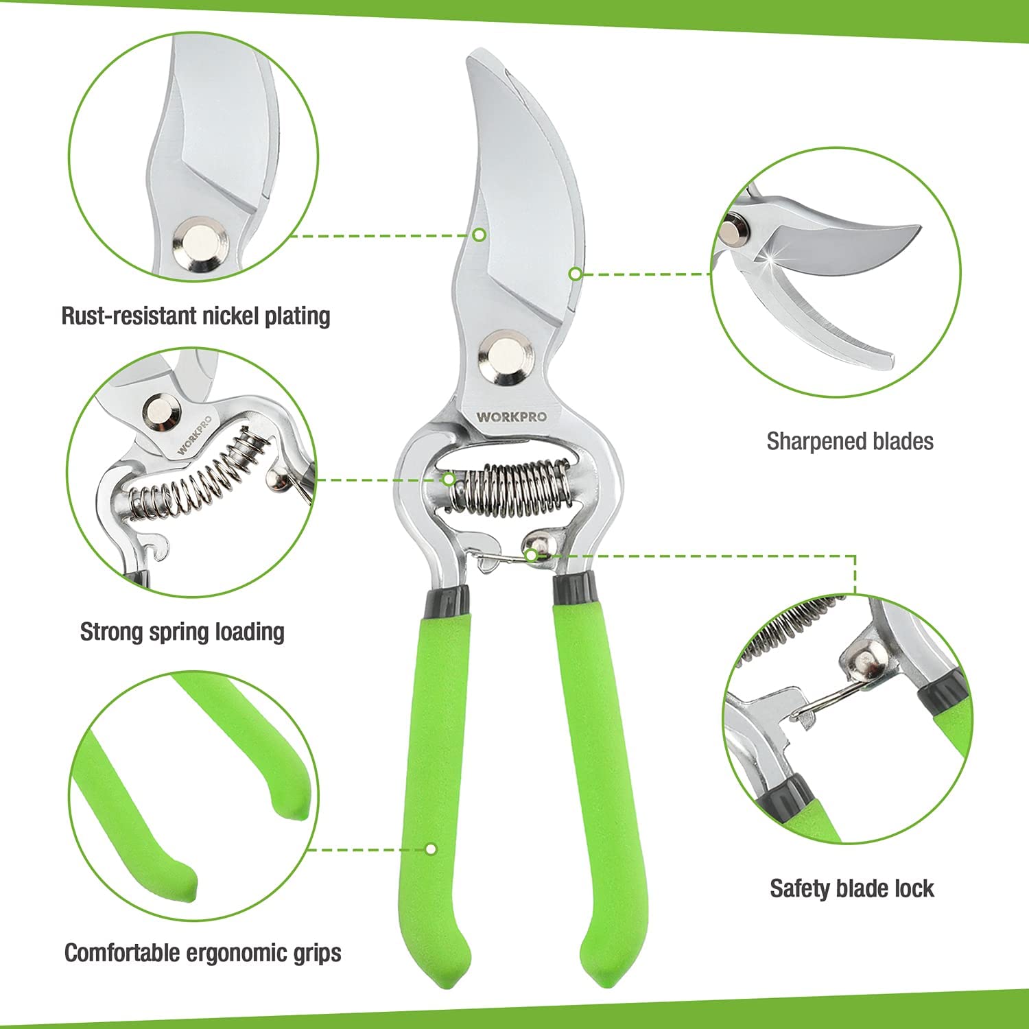 Spring-loaded pruning shears set with green handles and sharpened silver blades