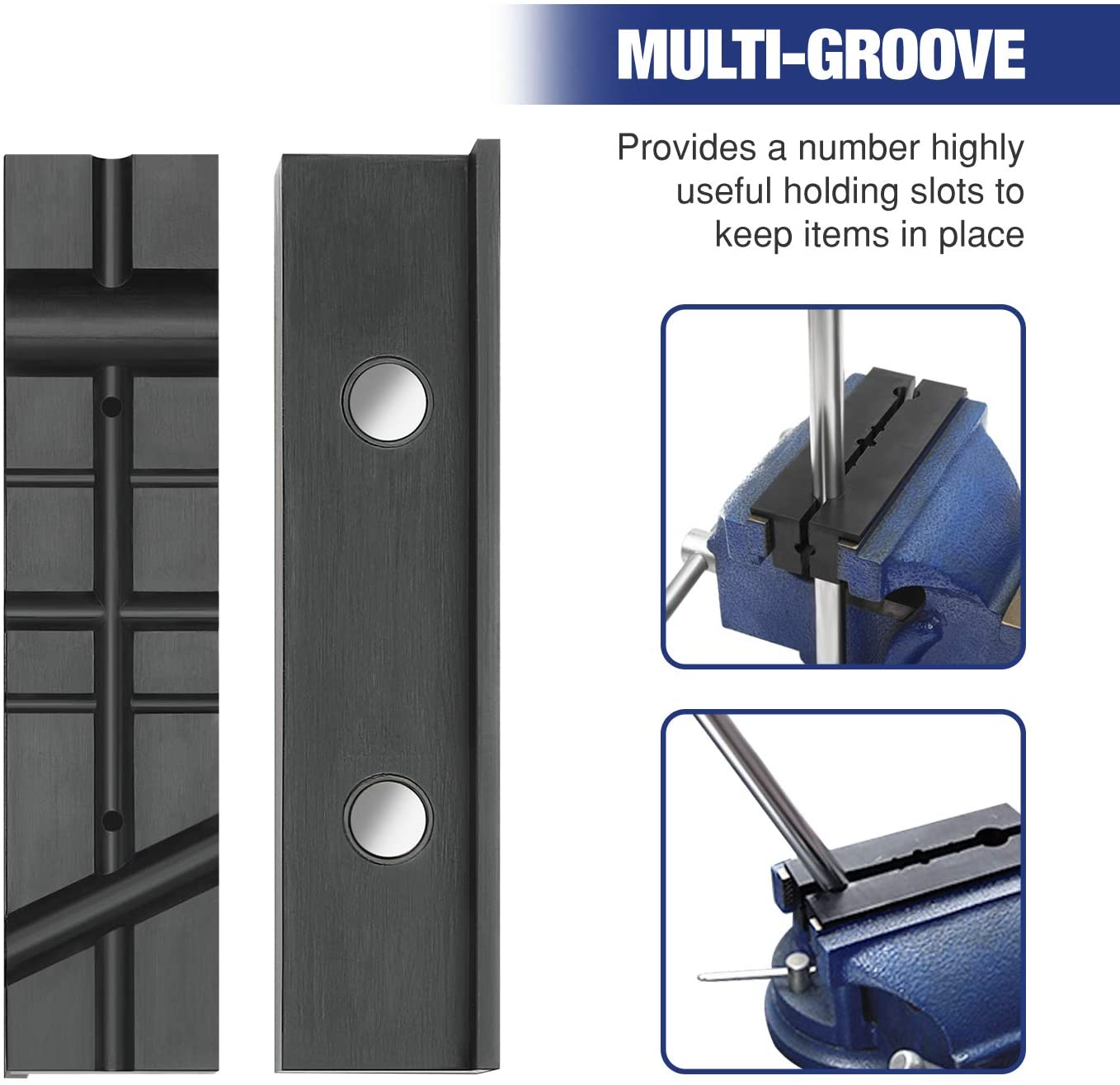 Multi-groove vise jaw inserts with two round holes for secure holding