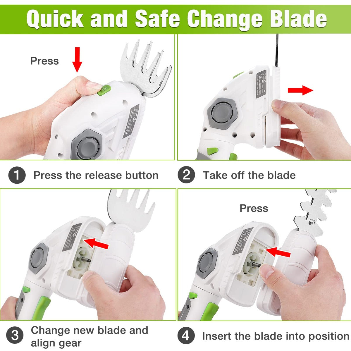 Handheld trimmer showing quick blade change with a white comb blade