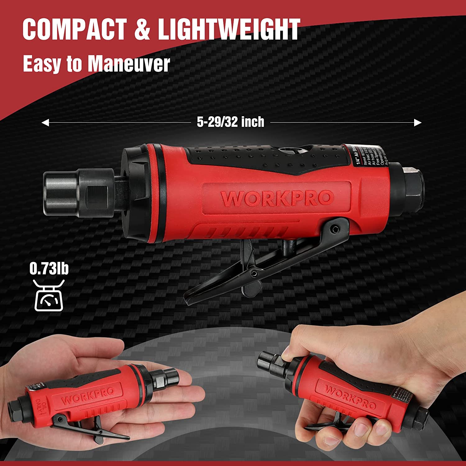Compact red air die grinder with black grip and trigger, shown being held in hands