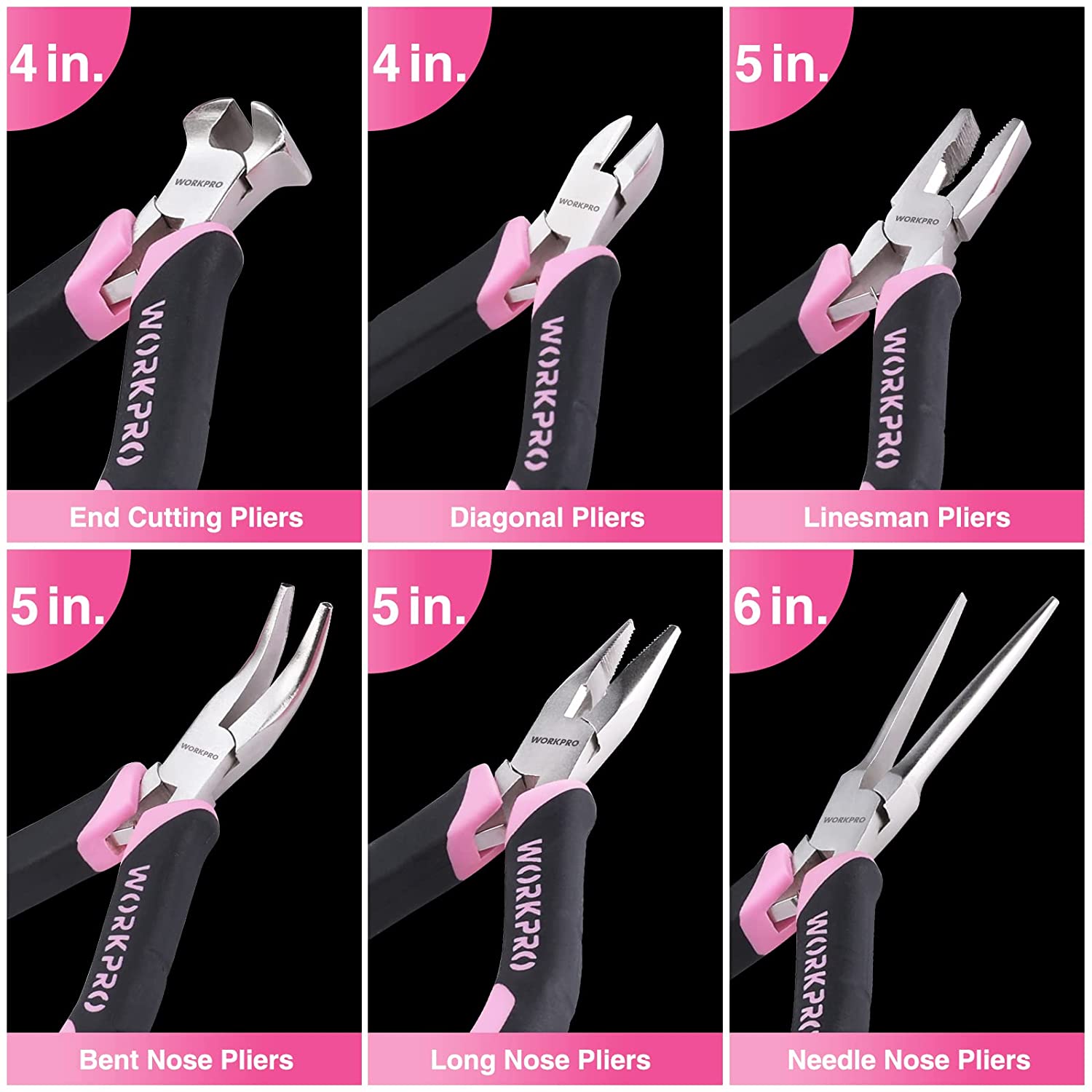 Six mini pliers types shown with pink-and-black grips: end cutting, diagonal, linesman
