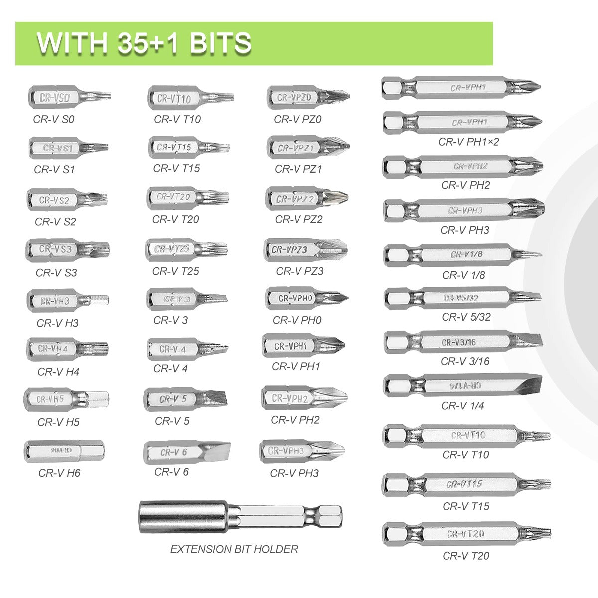 Assorted screwdriver bits set with extension bit holder, shiny silver