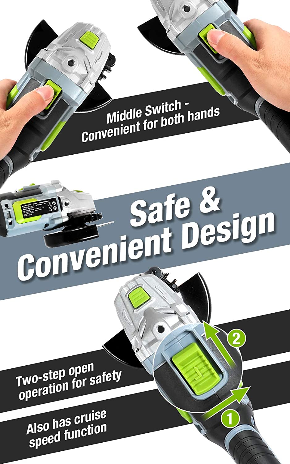 Cordless angle grinder with side guard and top switch, two-hand control design