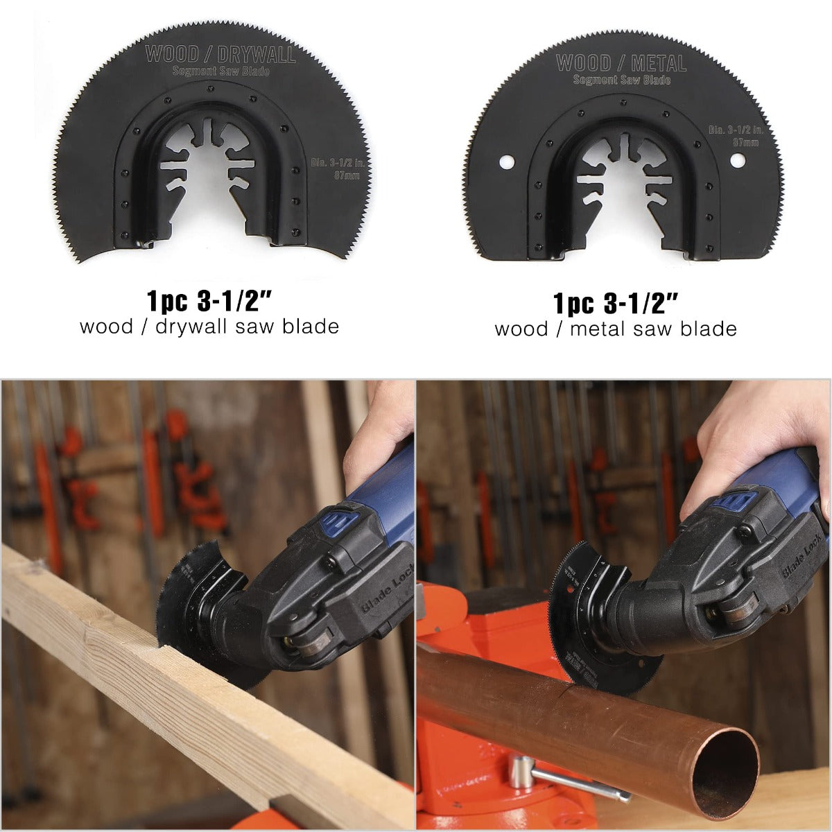 Two 3-1/2 in oscillating saw blades for wood and wood/drywall, black