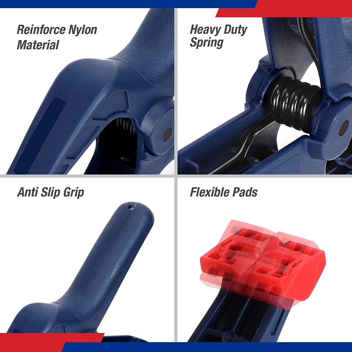 Blue nylon spring clamp detail with textured grip, heavy-duty spring, and pad