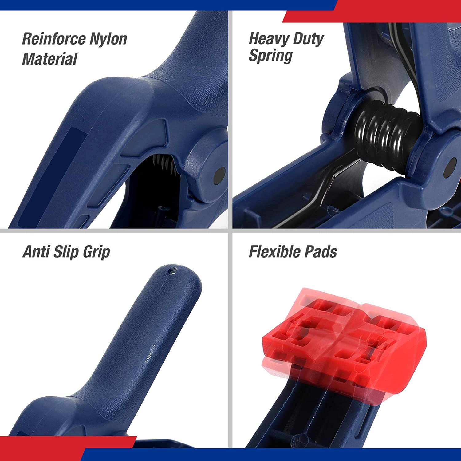 Blue nylon spring clamp detail with textured grip, heavy-duty spring, and pad
